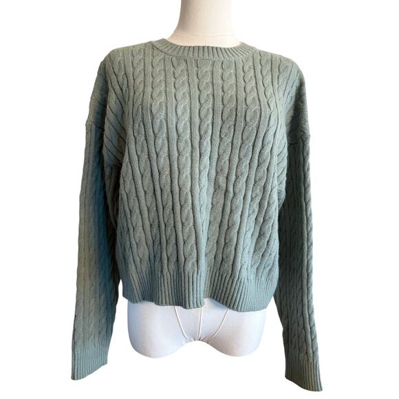 VIGOSS Sage Green Crewneck Cable Knit Sweater Cottagecore Fall | LARGE - Picture 1 of 7